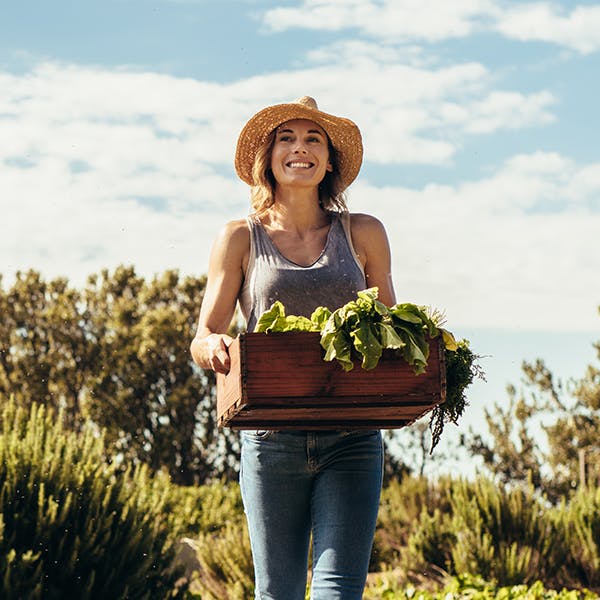 Woman holding basket of green produce on blue background