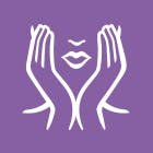 Purple square with woman's face and hands graphic 