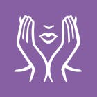 Purple square with woman's face and hands graphic