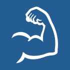 Blue square with strong arm muscles graphic
