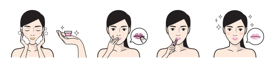 Ilustración del paso a paso de la exfoliación de los labios.