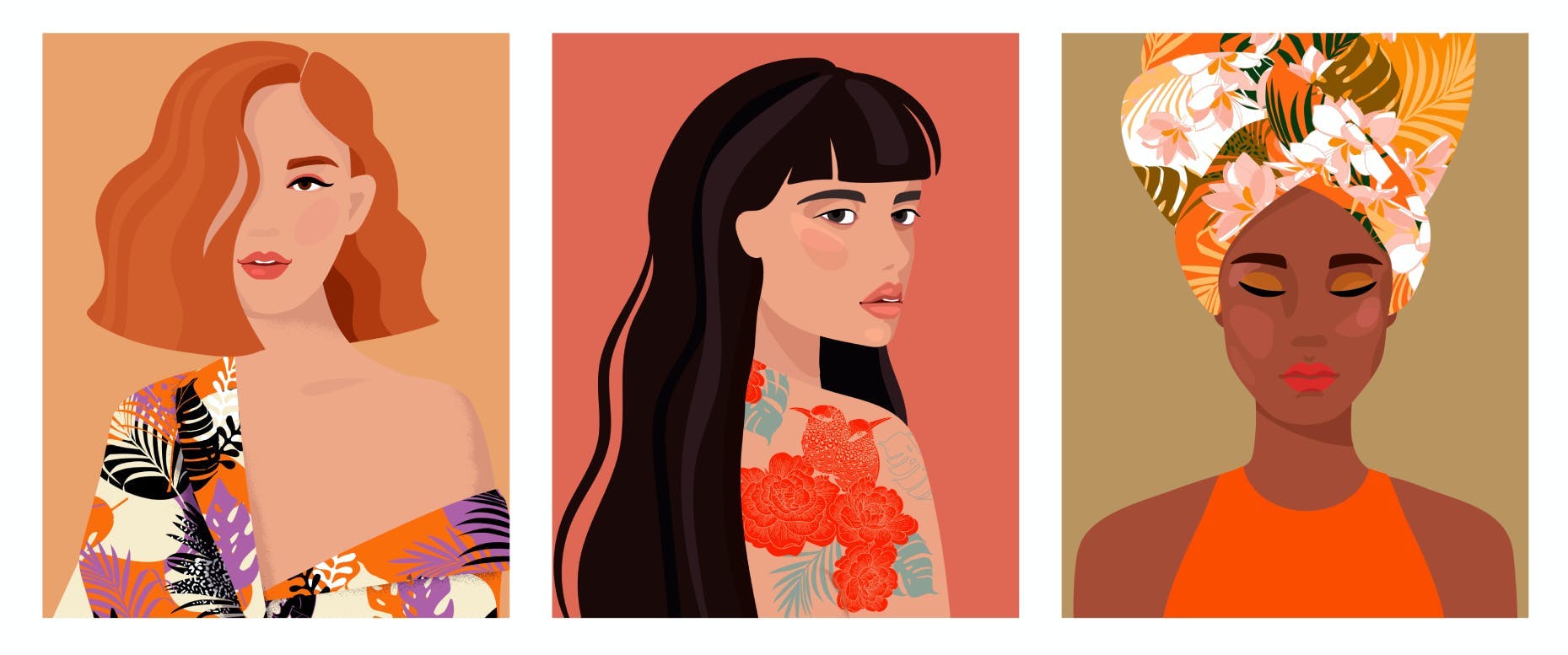 Ilustración de 3 mujeres con diferentes tonos de piel y diferentes perfiles.