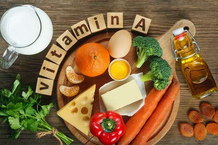 The word vitamin A spelled in block letters, surrounded by foods that contain vitamin A