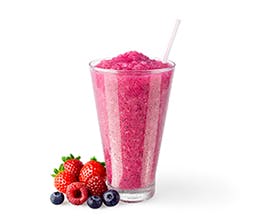 Smooth Raz purple slushie drink with fresh fruit around base of glass