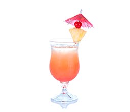 Hawaiian Getaway In a Glass tropical drink with a pineapple and cherry skewer with a mini umbrella