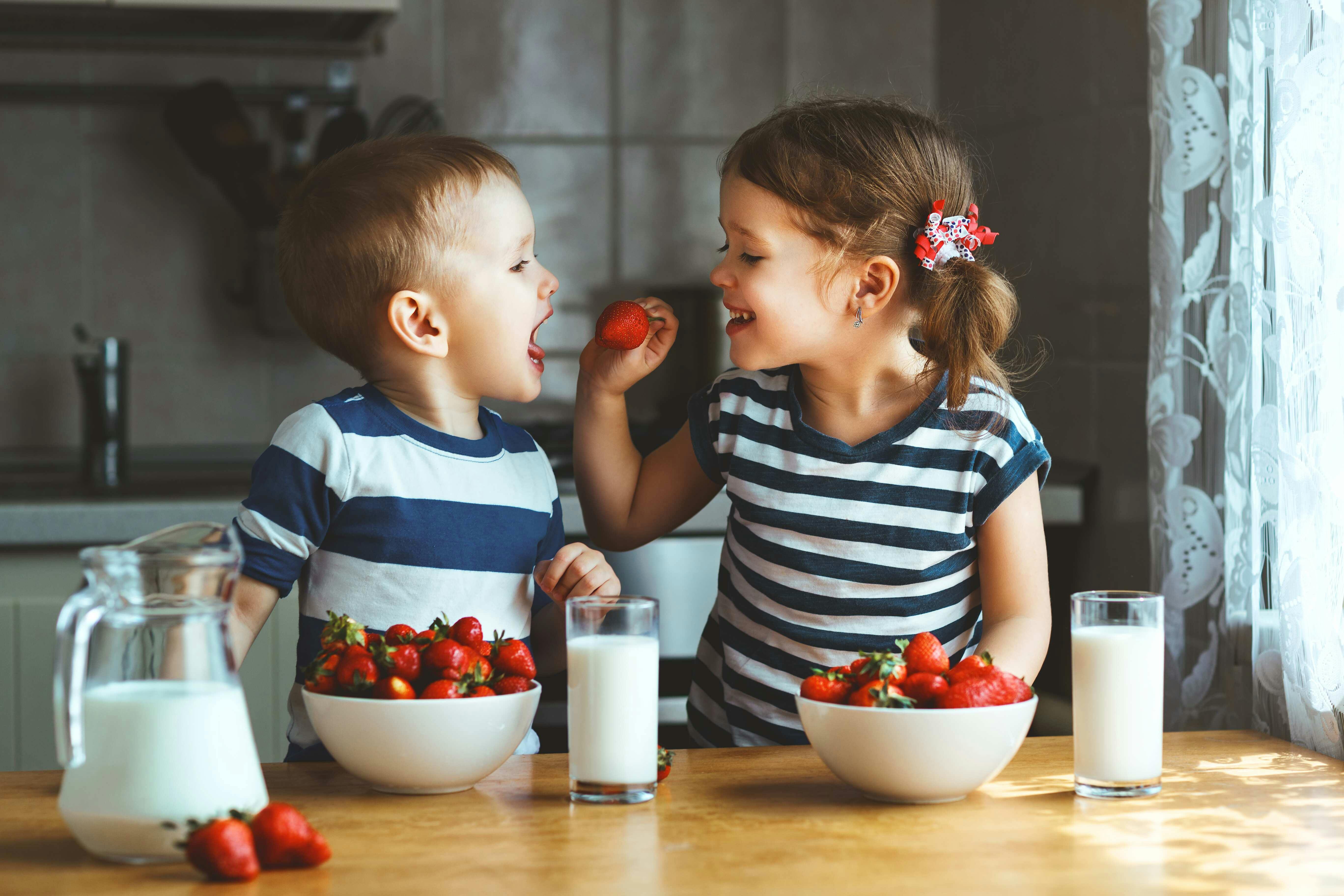 Two children are sitting at a table eating strawberries and drinking milk