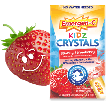 Emergen-C Kidz Sparkly Strawberry Crystals product with child sitting on top of strawberry