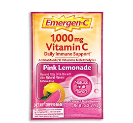 Box of Emergen-C Everyday Immune Support in Pink Lemonade flavor with packet and water glass Box of Emergen-C Everyday Immune Support in Pink Lemonade flavor with packet and water glass