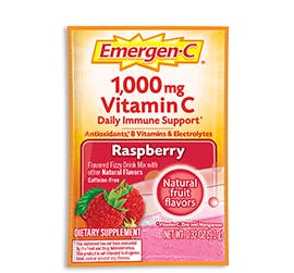 Box of Emergen-C Everyday Immune Support in Raspberry flavor with packet and water glass Box of Emergen-C Everyday Immune Support in Raspberry flavor with packet and water glass