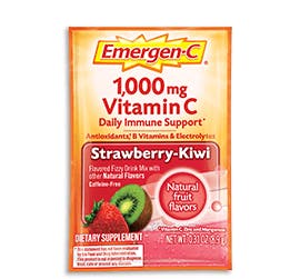 Box of Emergen-C Everyday Immune Support in Strawberry-Kiwi flavor with packet and water glass