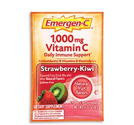 Box of Emergen-C Everyday Immune Support in Strawberry-Kiwi flavor with packet and water glass Box of Emergen-C Everyday Immune Support in Strawberry-Kiwi flavor with packet and water glass