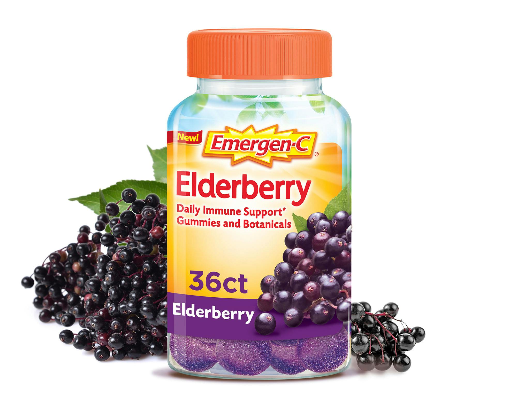 Elderberry Botanicals Immune Support Gummies bottle grouped with elderberries