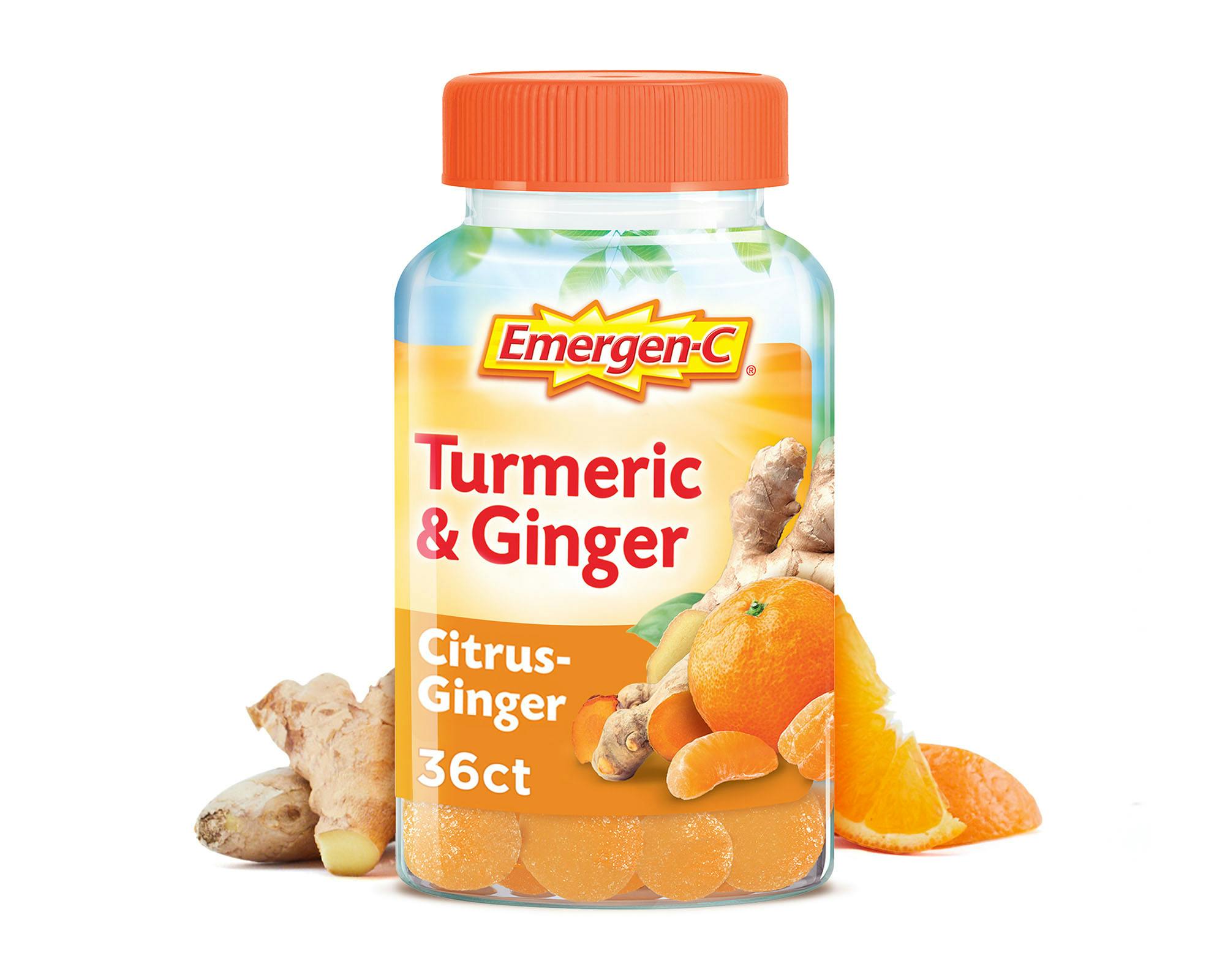 Turmeric & Ginger Botanicals Immune Support Gummies bottle grouped with ginger root and gummies