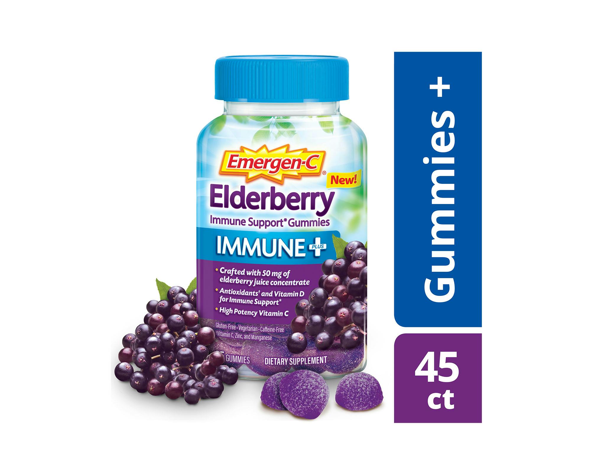 Elderberry Immune+ Support Gummies bottle grouped with elderberries and gummies with Gummies +/45ct graphic