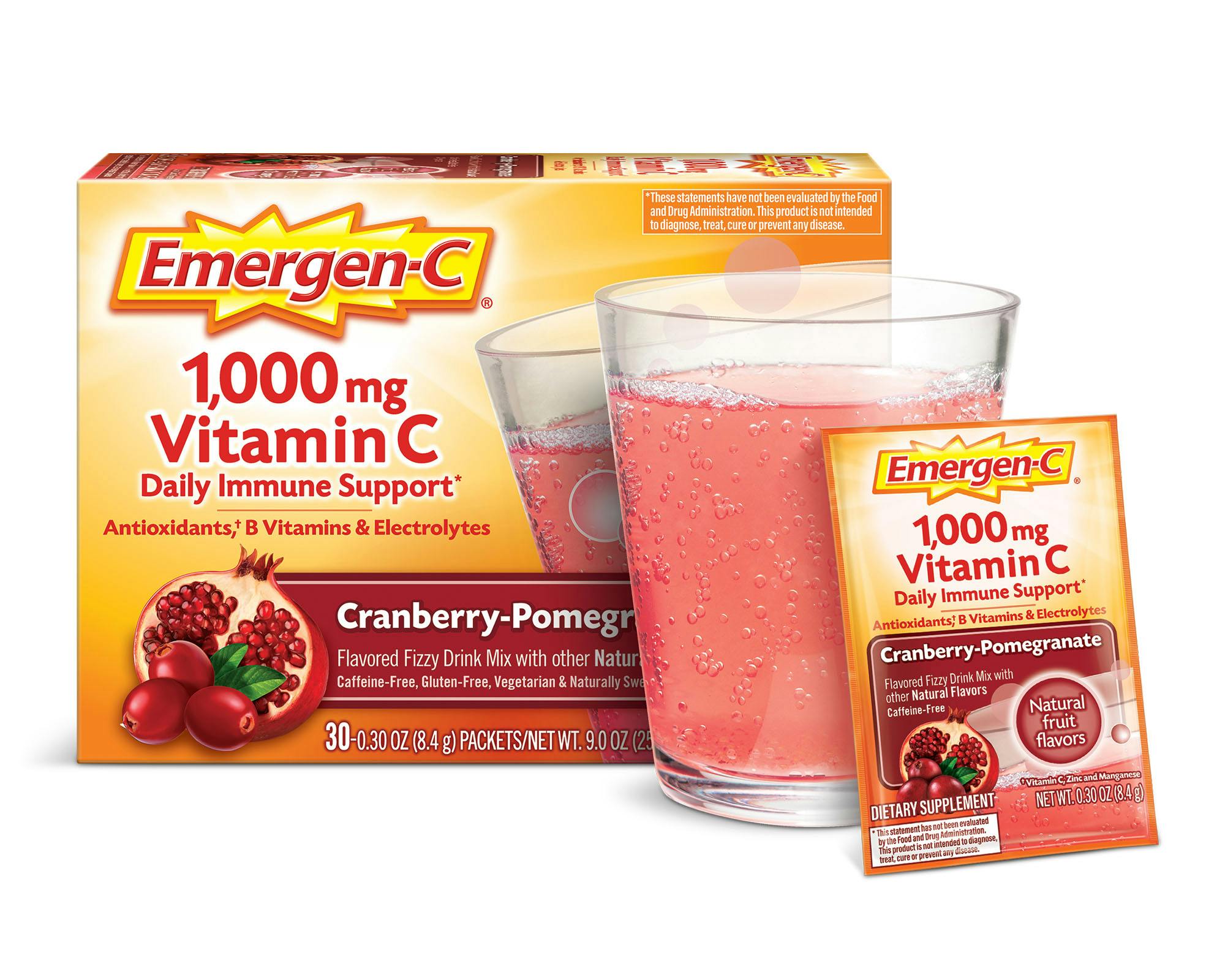 Cranberry-Pomegranate Original Immune Support box grouped with glass and packet