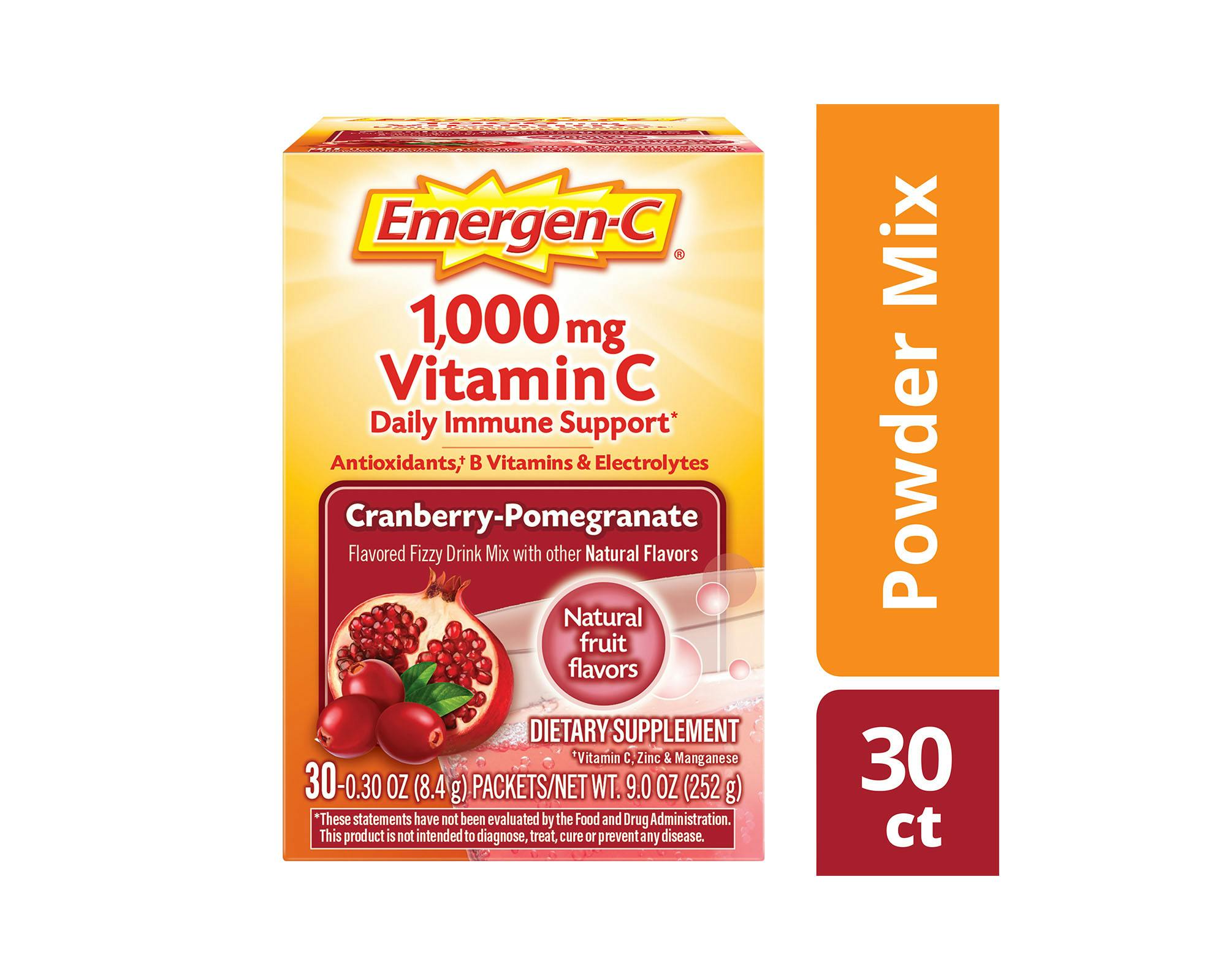 Cranberry-Pomegranate Original Immune Support box side view with Powder Mix/30ct graphic