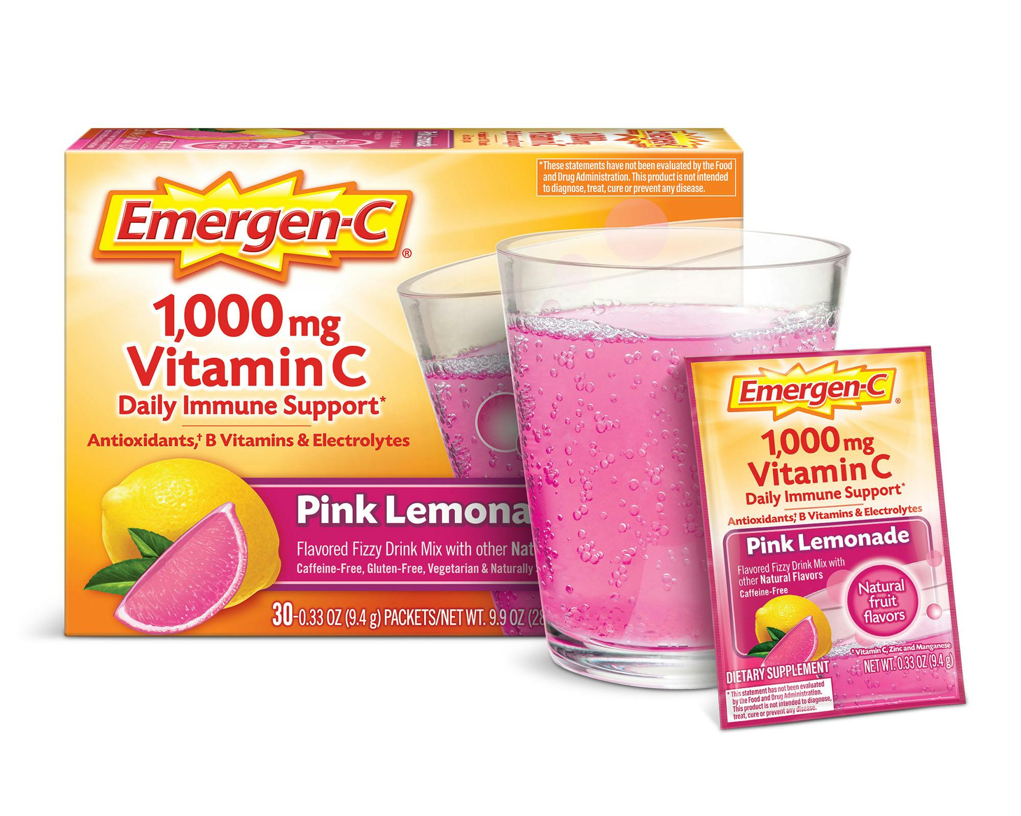 Pink Lemonade Original Immune Support box grouped with glass and packet