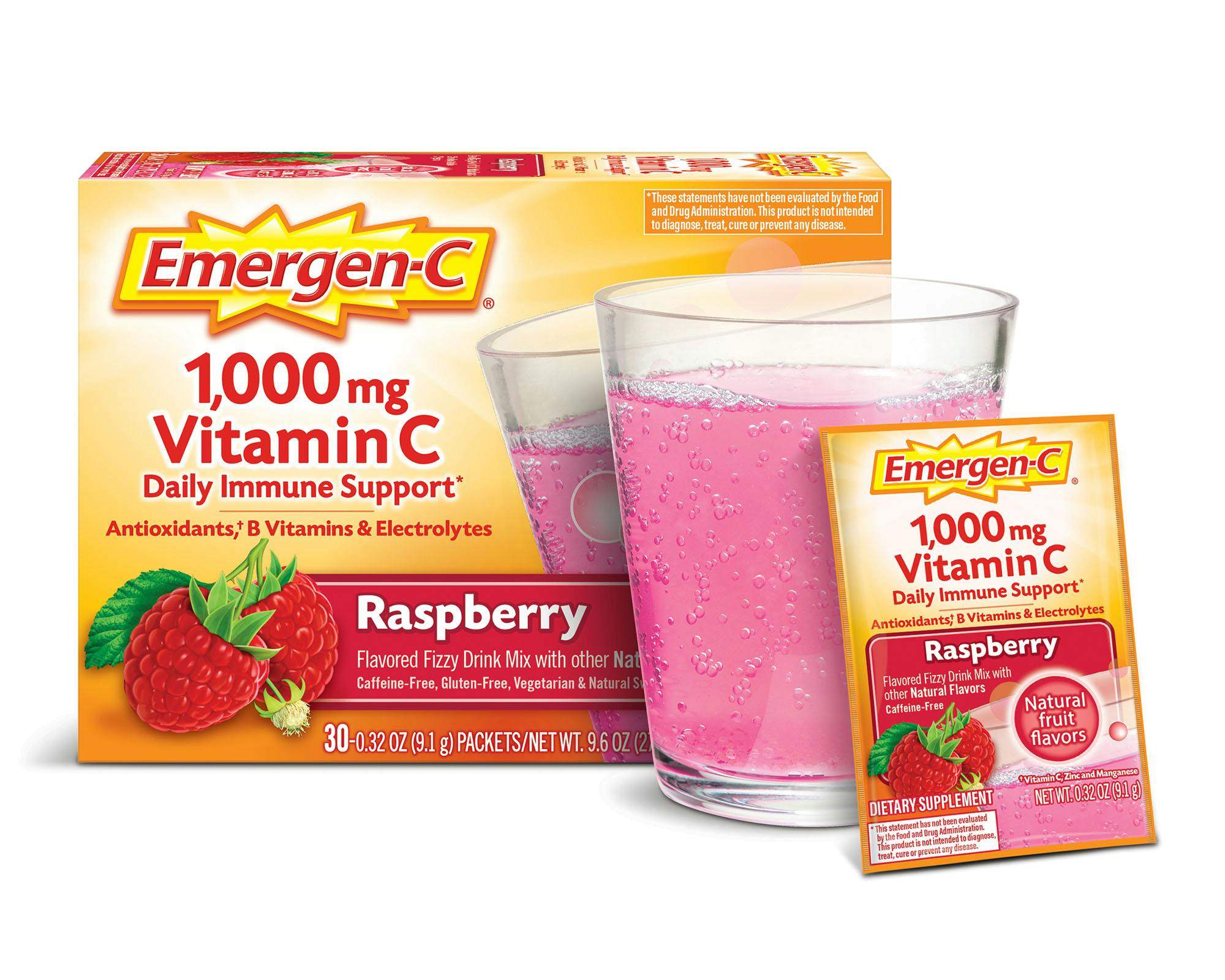 Raspberry Original Immune Support box grouped with glass and packet