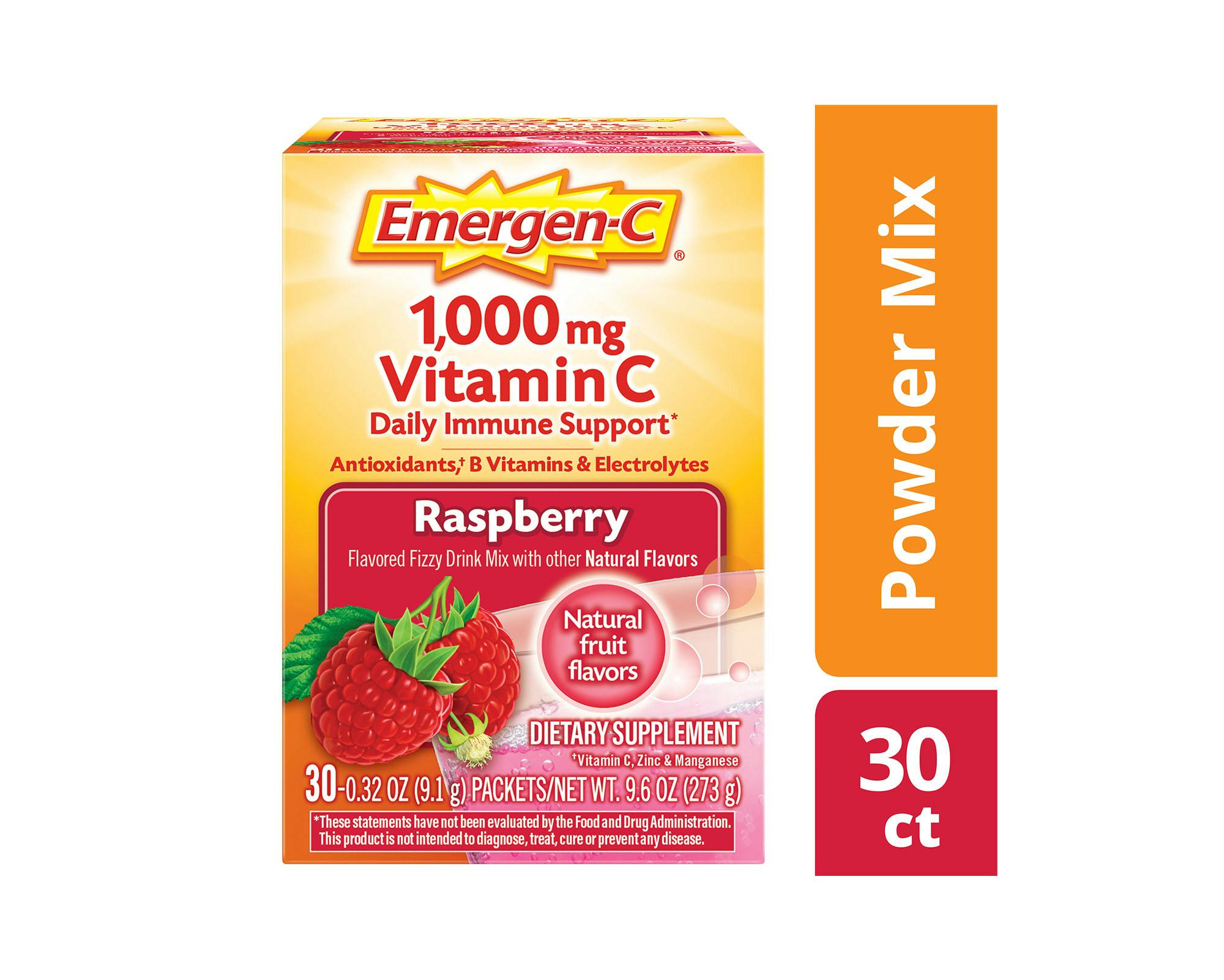 Raspberry Original Immune Support box side view with Powder Mix/30ct graphic