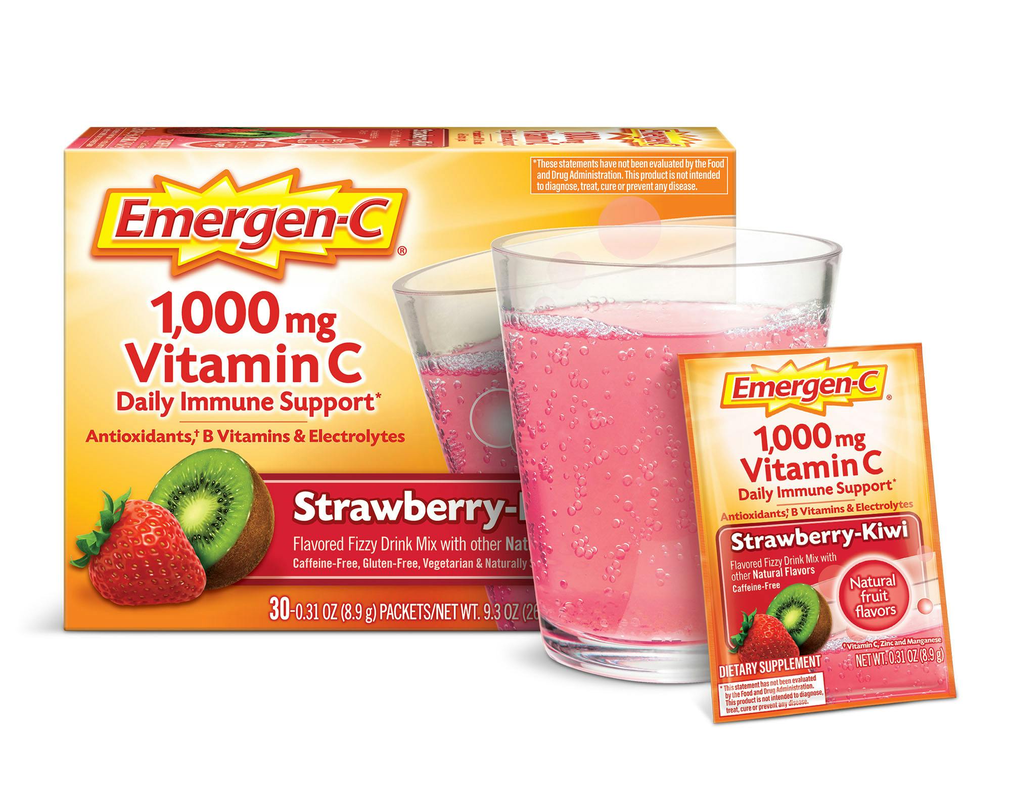 Strawberry-Kiwi Original Immune Support box grouped with glass and packet
