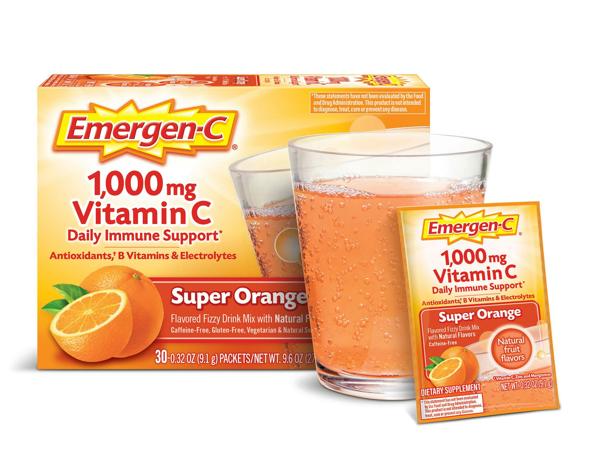 Super Orange Original Formula Immune Support box grouped with glass and packet
