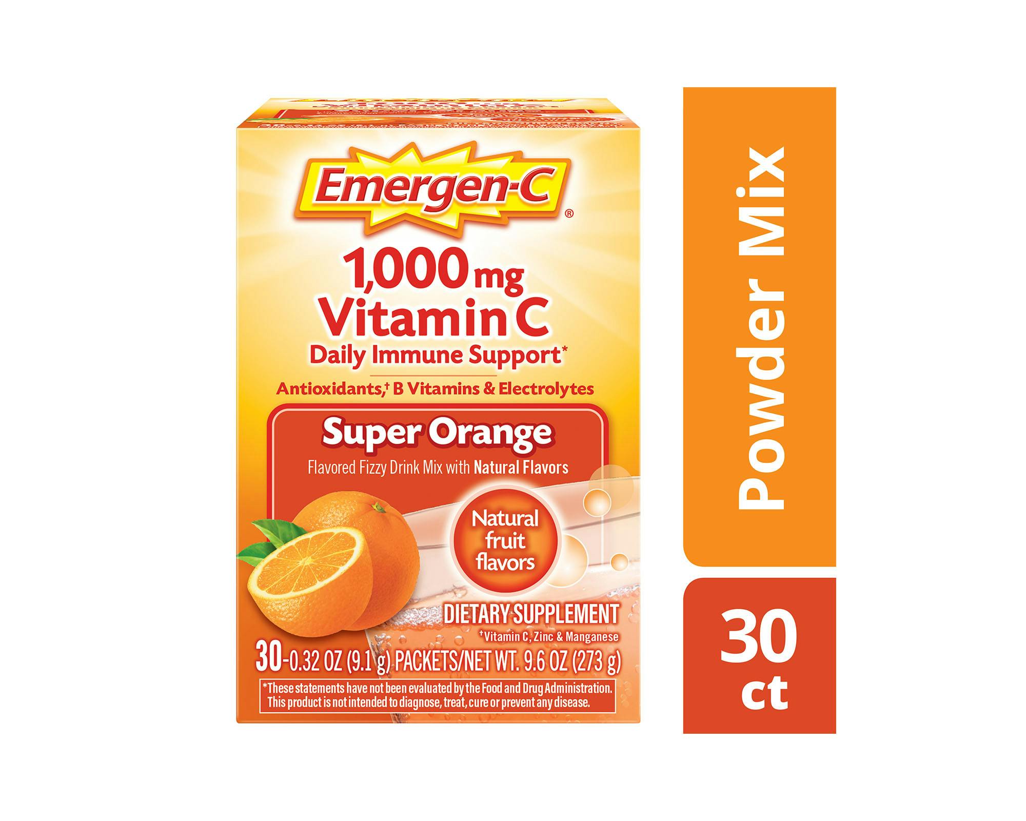 Super Orange Original Formula Immune Support box side view with Powder Mix/30ct graphic
