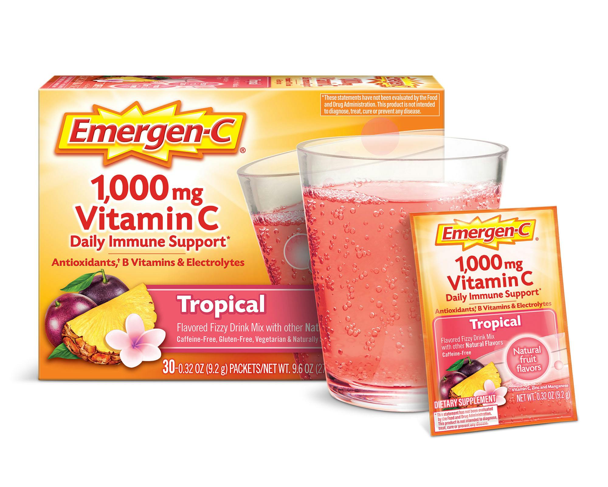 Tropical Original Immune Support box grouped with glass and packet