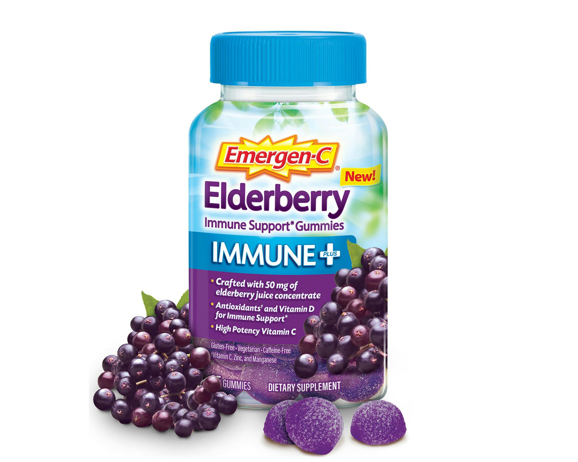 Elderberry Immune+ Support Gummies bottle grouped with elderberries and gummies