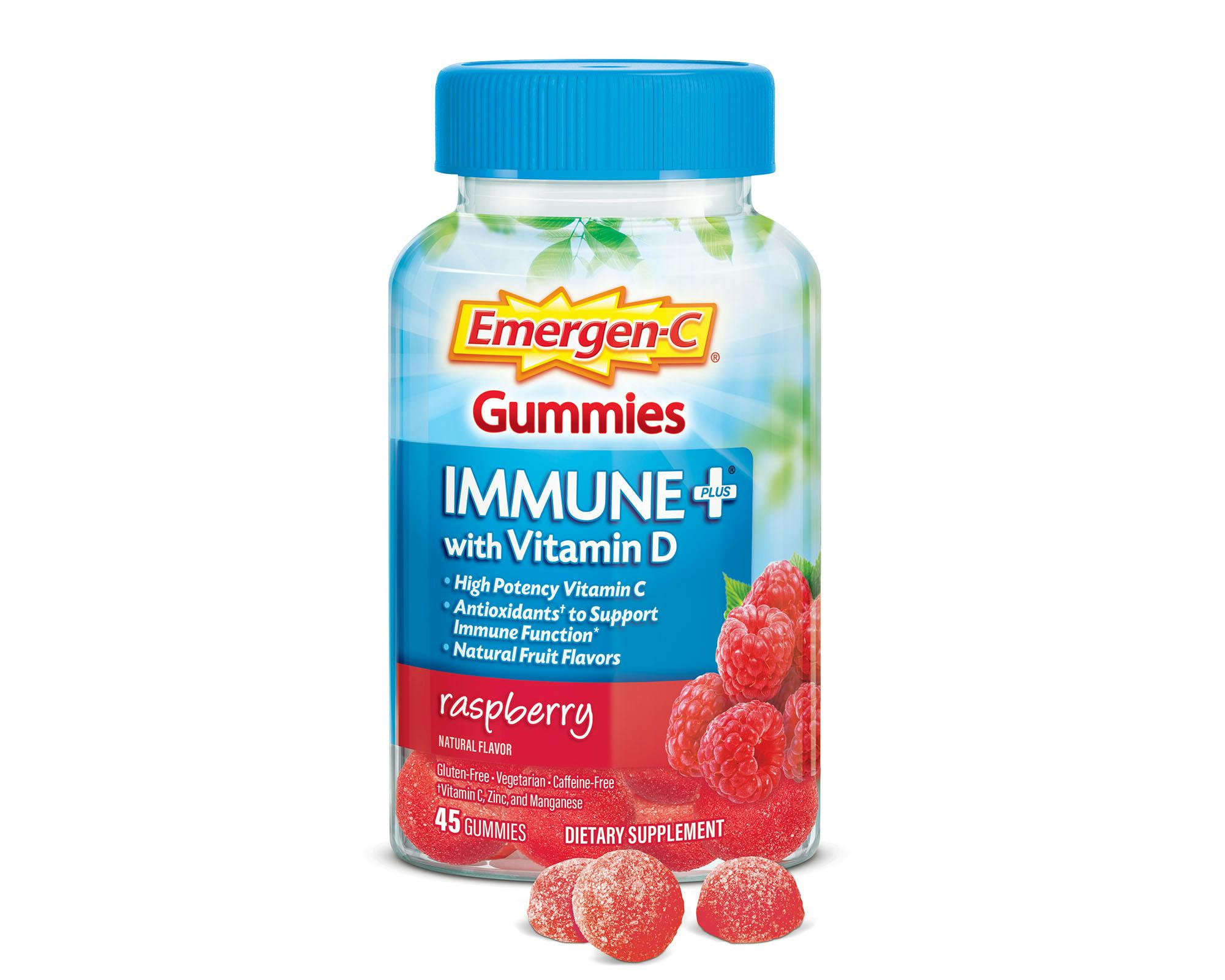 Raspberry Immune+ Support Gummies bottle with gummies grouping