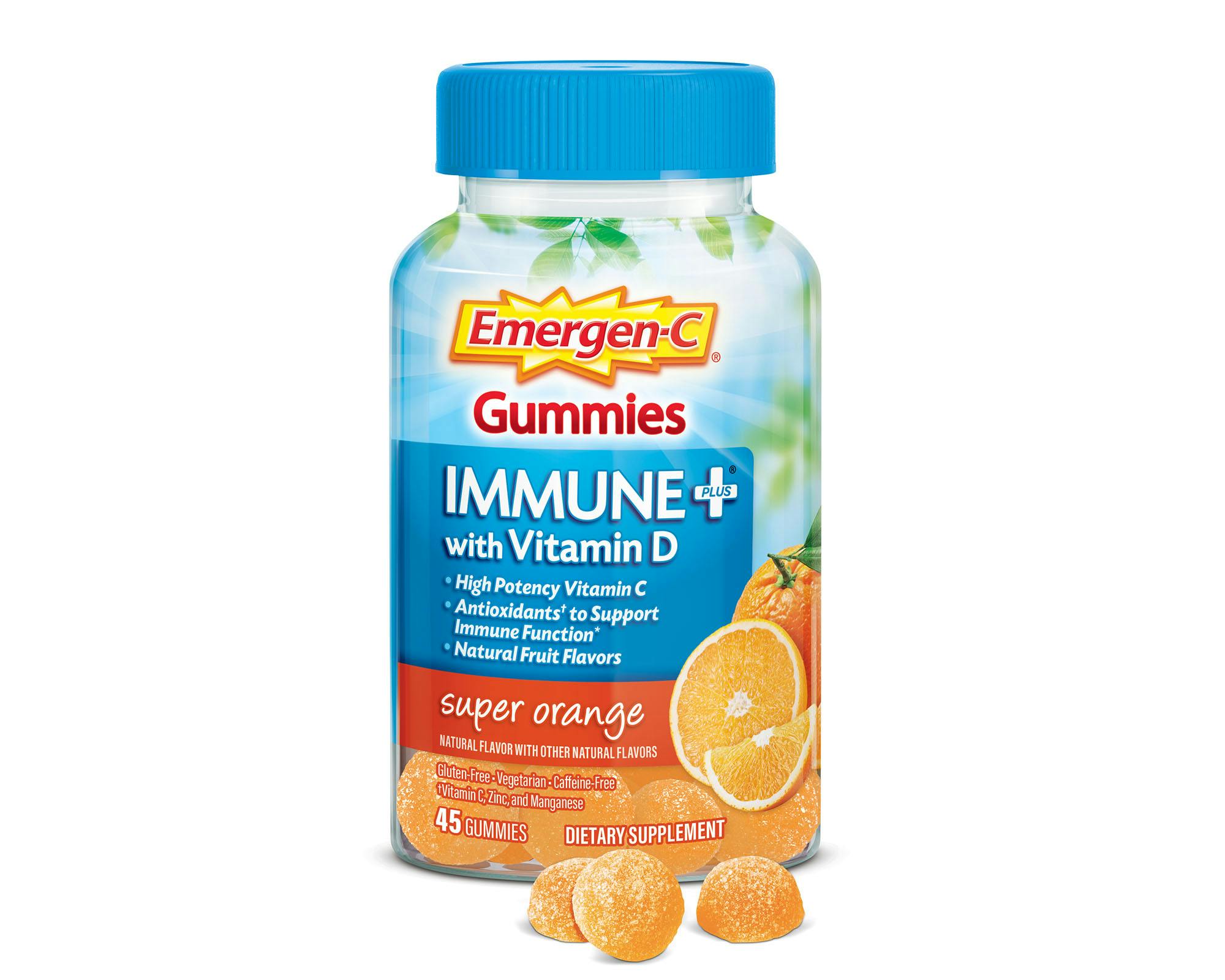 Super Orange Immune+ Support Gummies bottle with gummies grouping