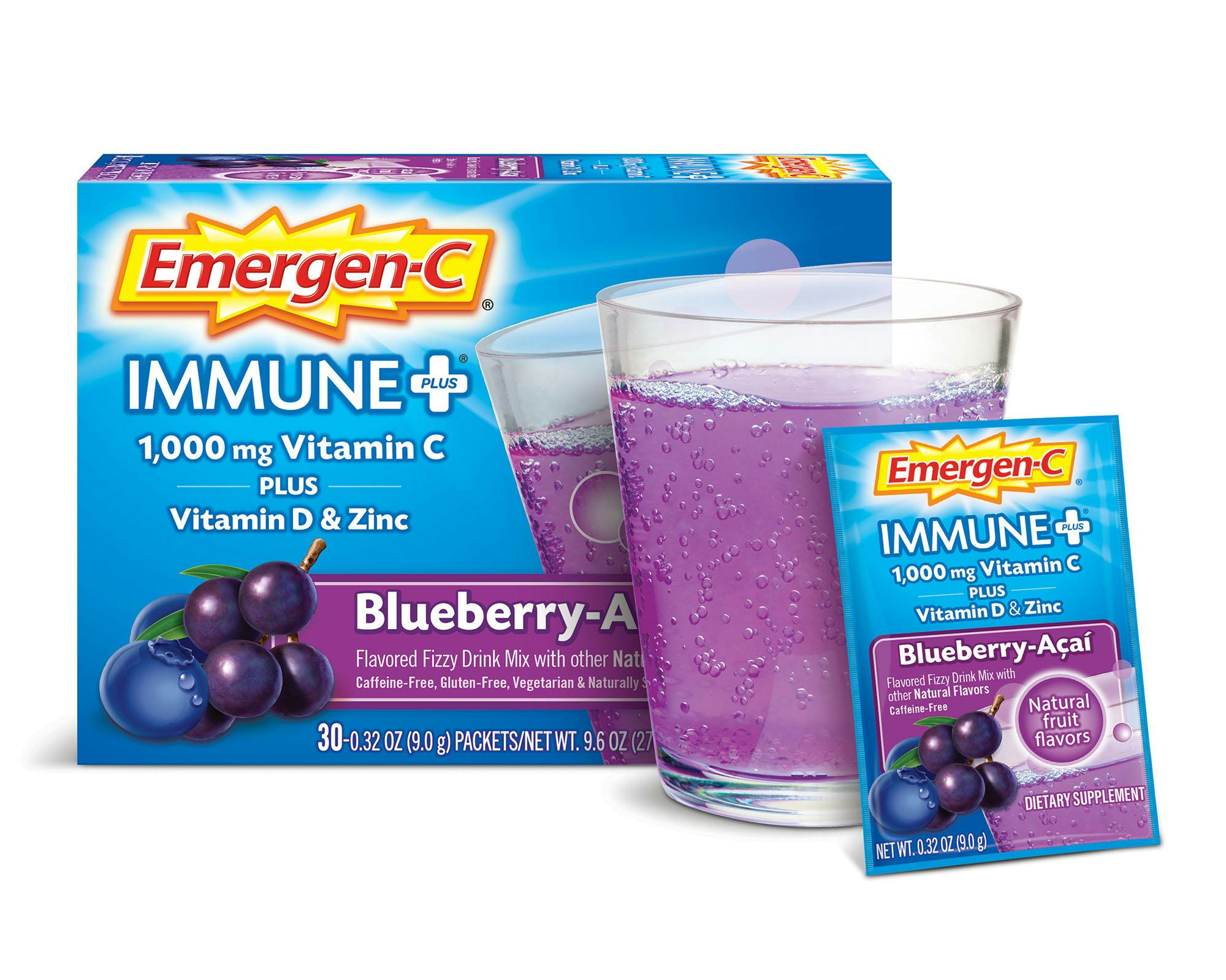 Blueberry-Acai Immune+ Support box grouped with glass and packet
