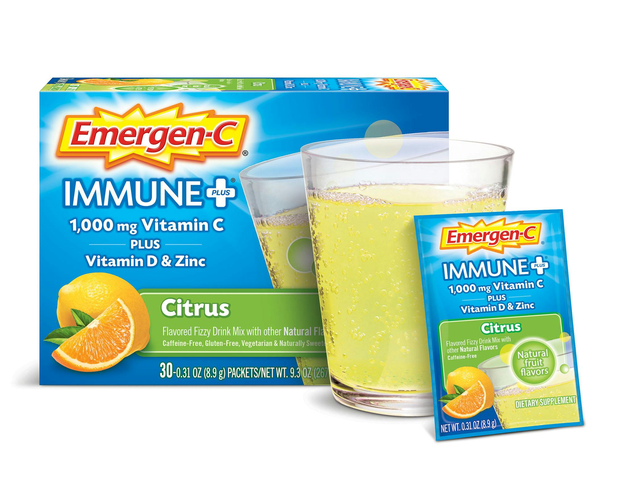 Citrus Immune+ Support box grouped with glass and packet