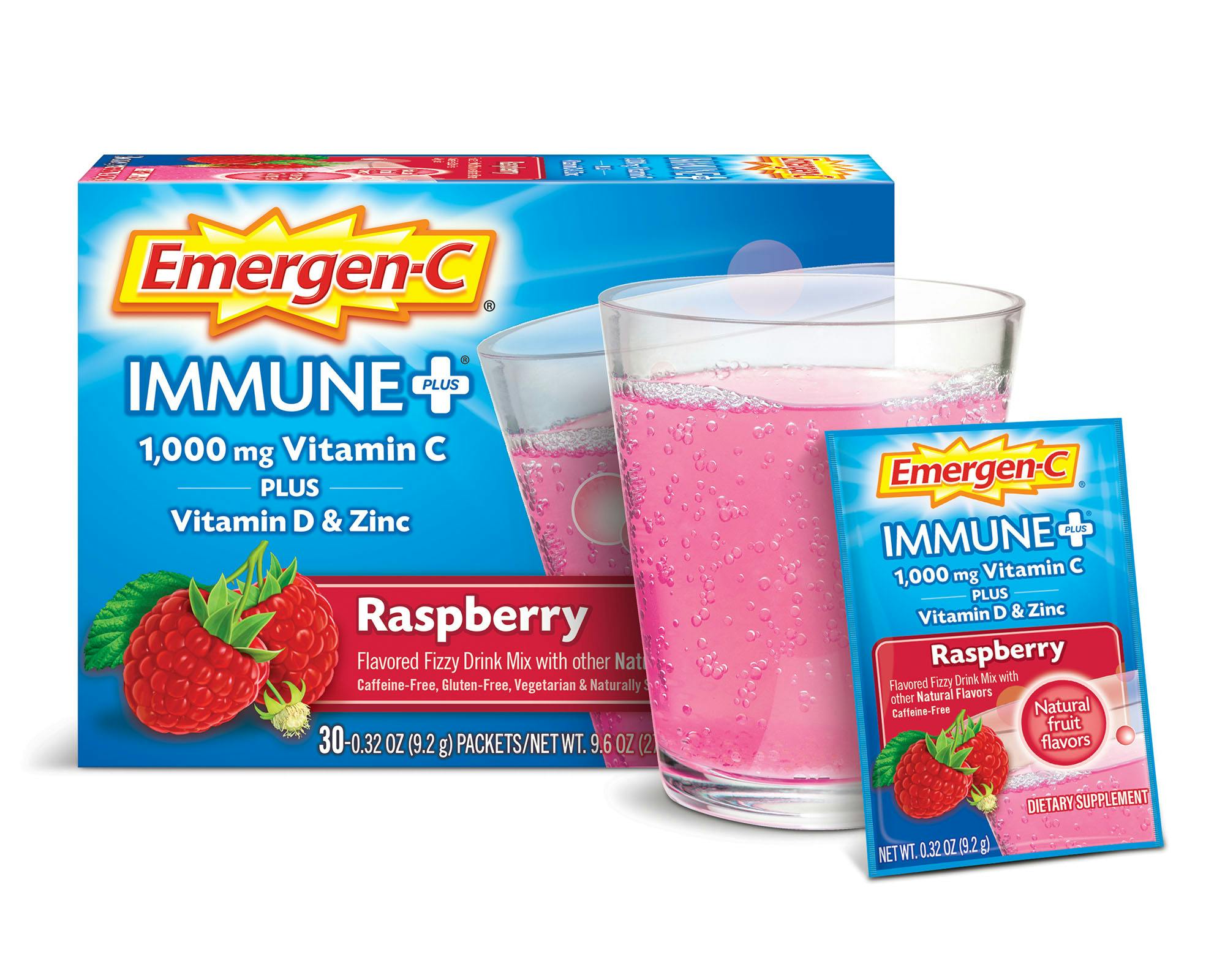 Raspberry Immune+ Support box grouped with glass and packet