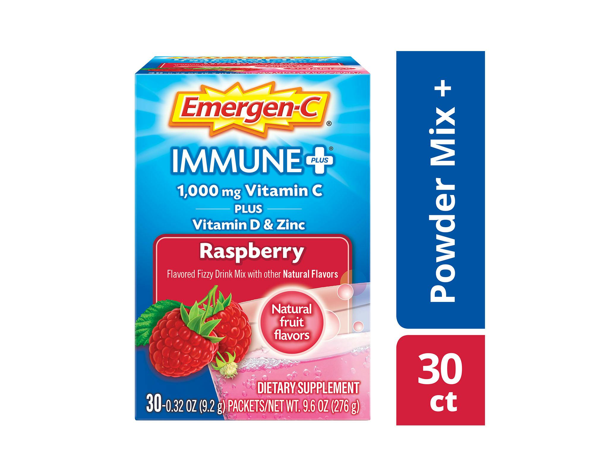 Raspberry Immune+ Support box side view with Powder Mix/30ct graphic