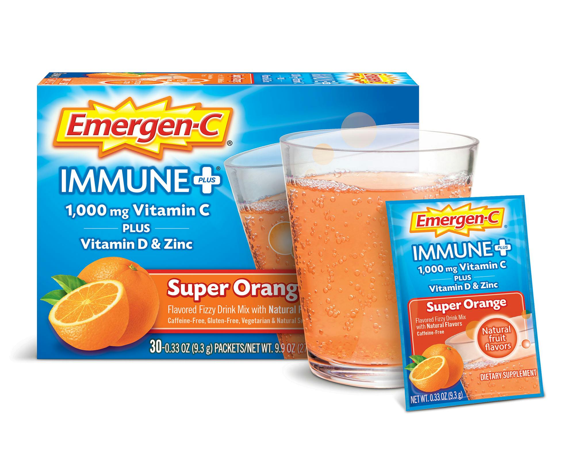 Super Orange Immune+ Support box grouped with glass and packet