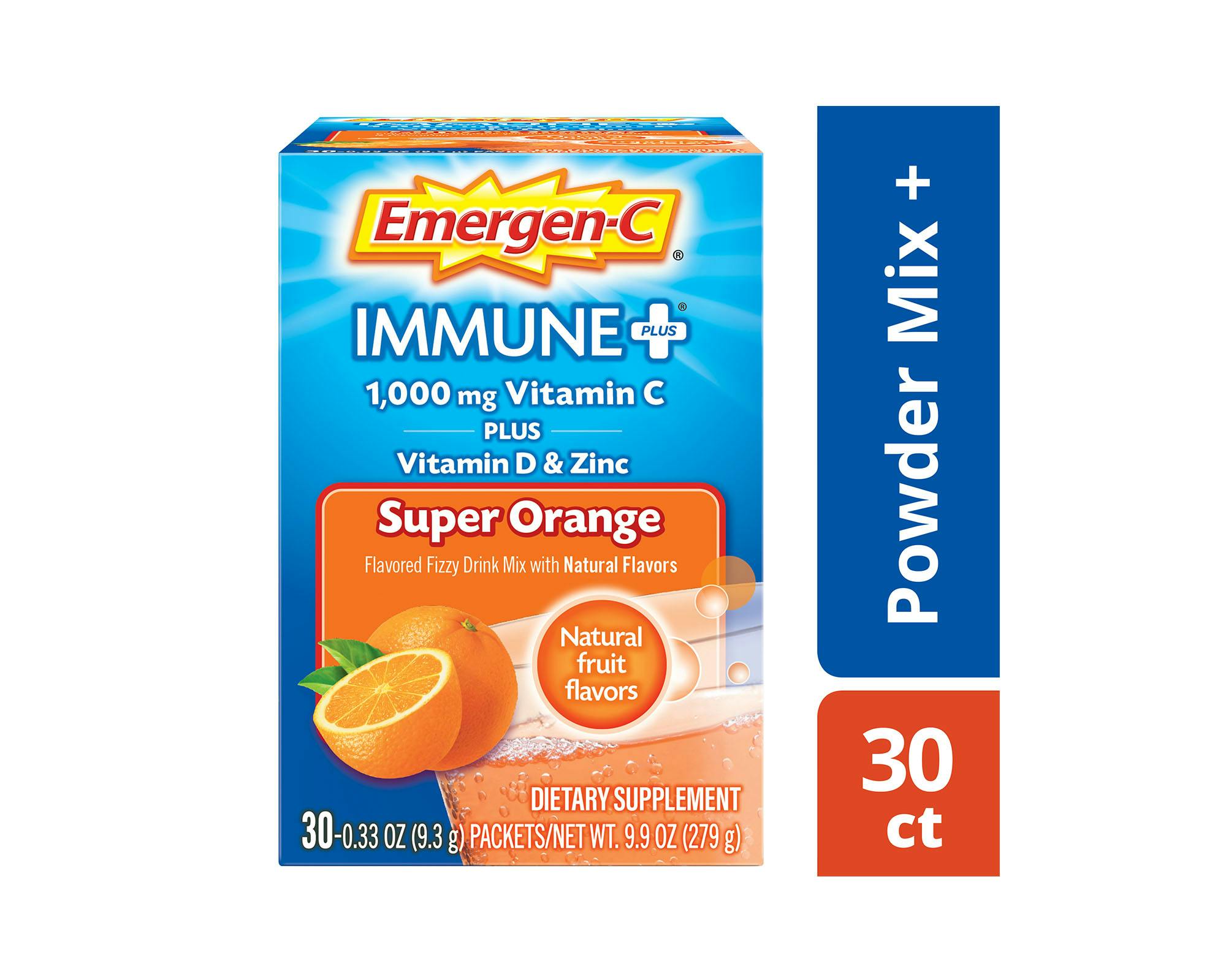 Super Orange Immune+ Support box side view with Powder Mix +/30ct graphic