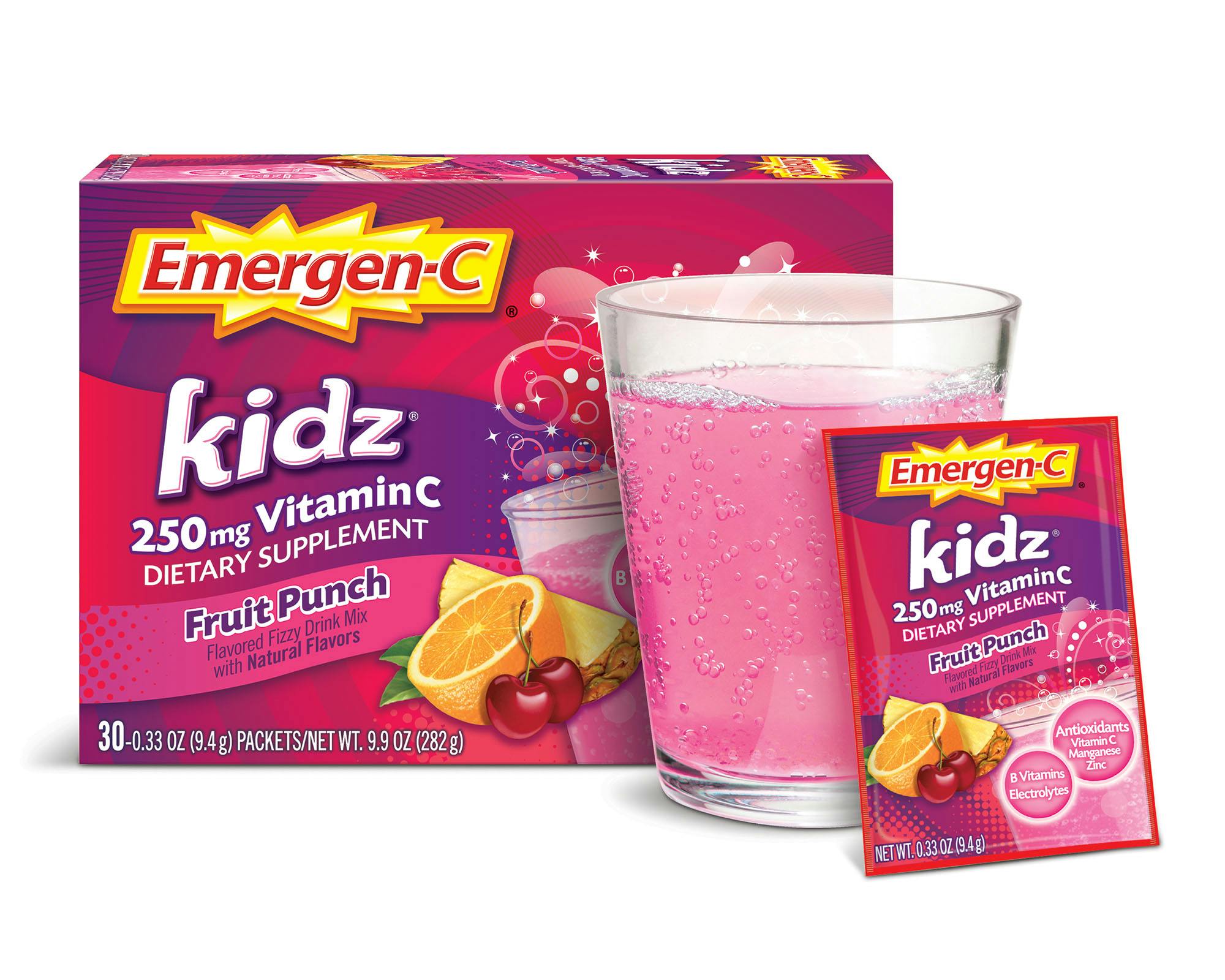 Kidz Fruit Punch Immune Support box grouped with glass and packet