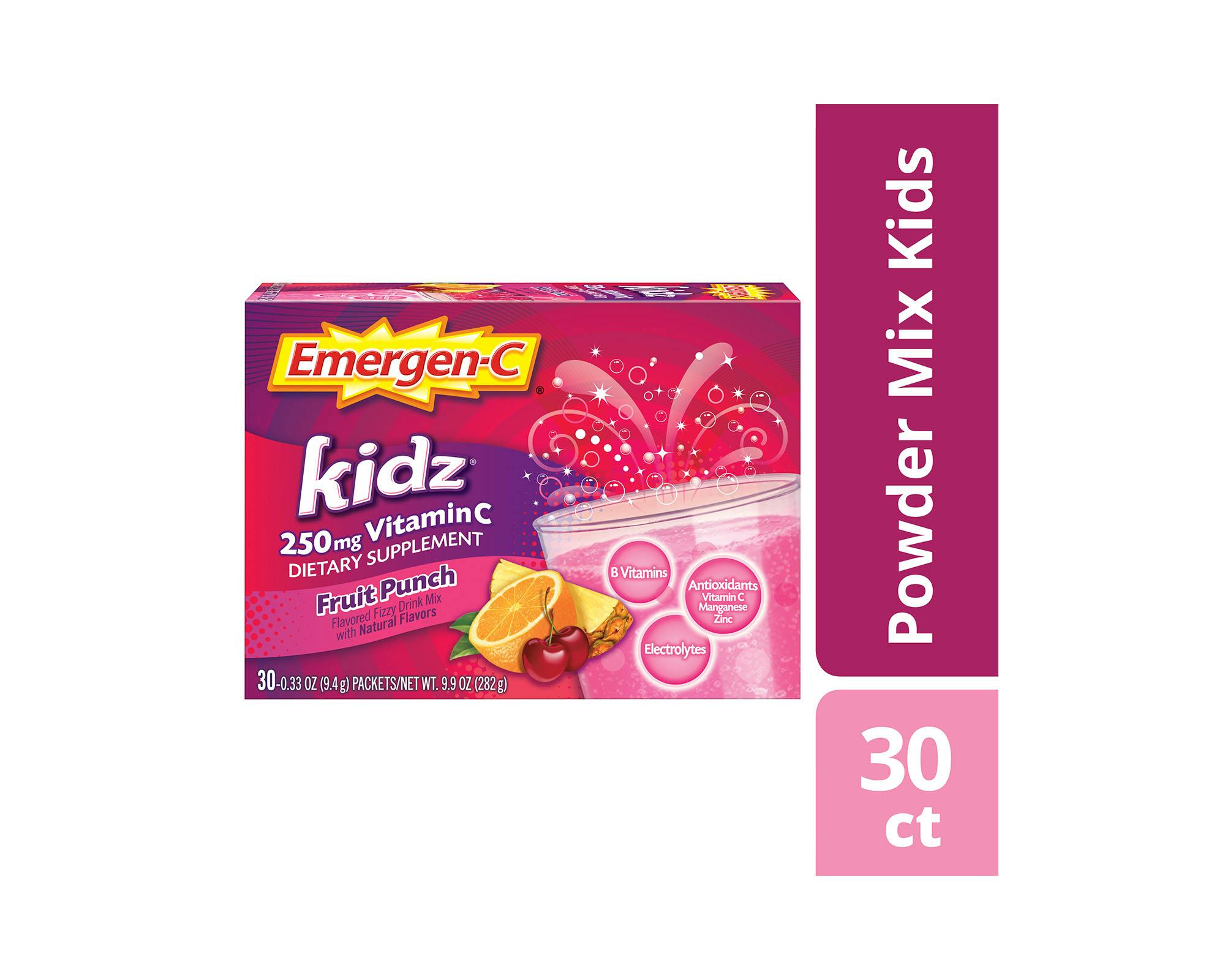 Kidz Fruit Punch Immune Support box side view with Powder Mix Kids/30ct graphic
