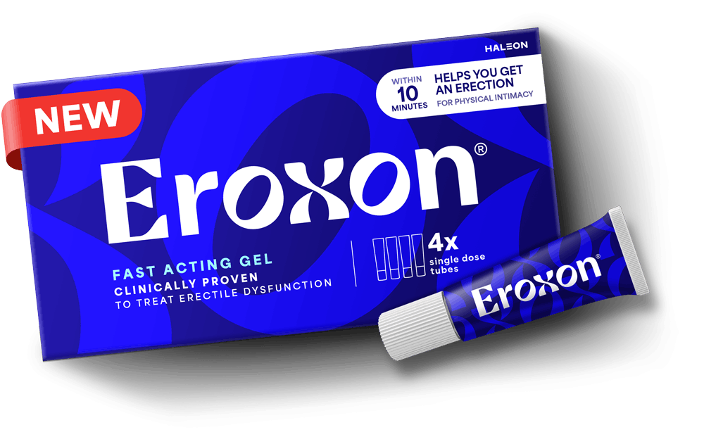 Packaging for 'Eroxon' fast-acting gel, displayed with box and tube against a blue background.