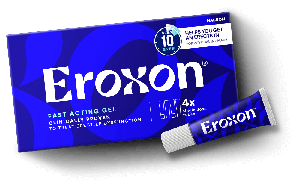 Packaging for 'Eroxon' fast-acting gel, displayed with box and tube against a blue background.