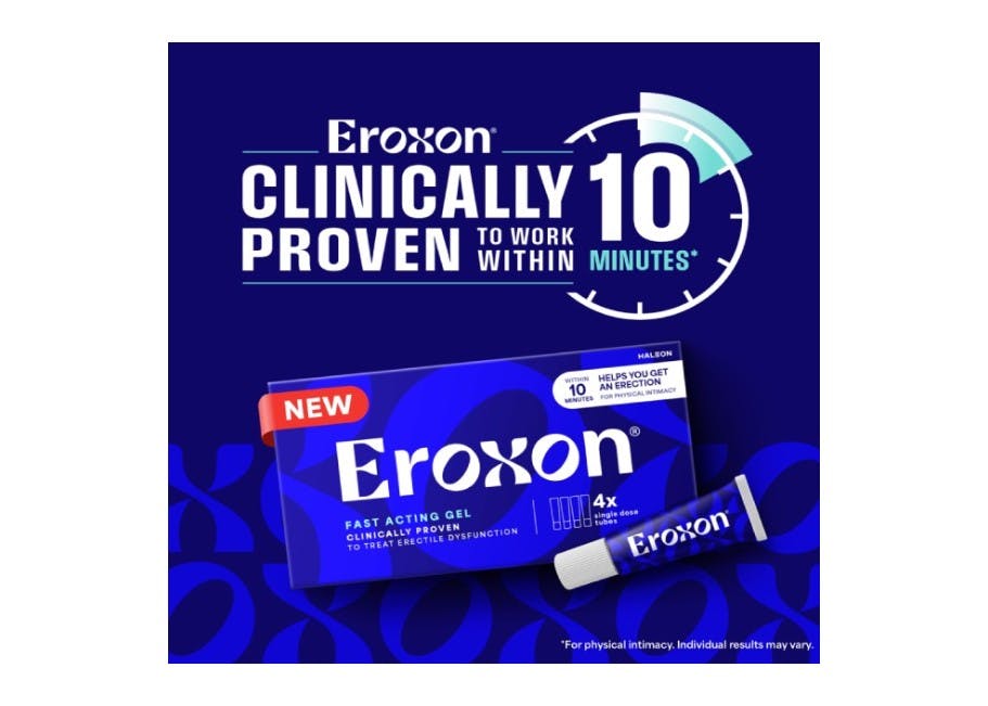 Packaging for 'Eroxon' fast-acting gel, displayed with box and tube against a blue background.