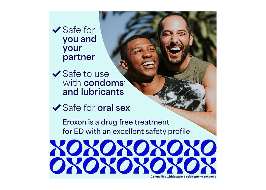 Two men happily hugging; text states Eroxon is a drug-free treatment for ED, safe for partners, safe with condoms and lubricants*, and safe for oral sex. (*compatible with latex and polyisoprene condoms)