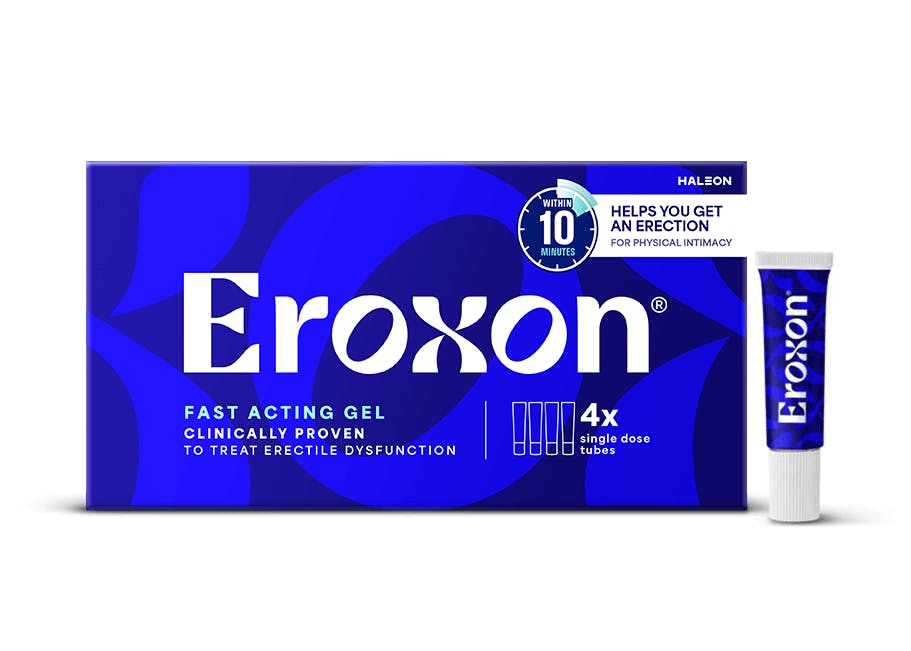 Packaging for 'Eroxon' fast-acting gel, displayed with box and tube against a blue background.