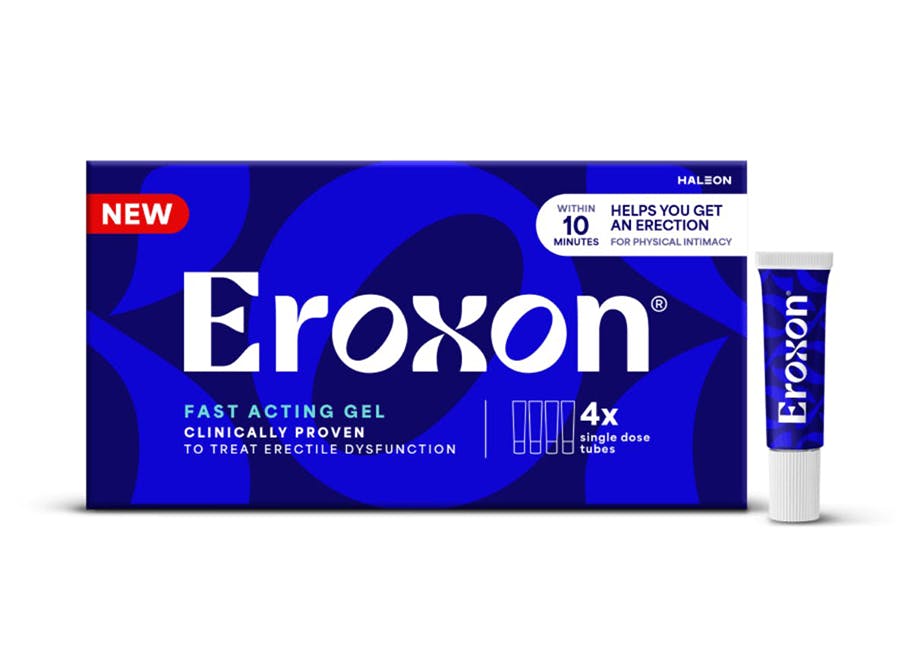 Packaging for 'Eroxon' fast-acting gel, displayed with box and tube against a blue background.