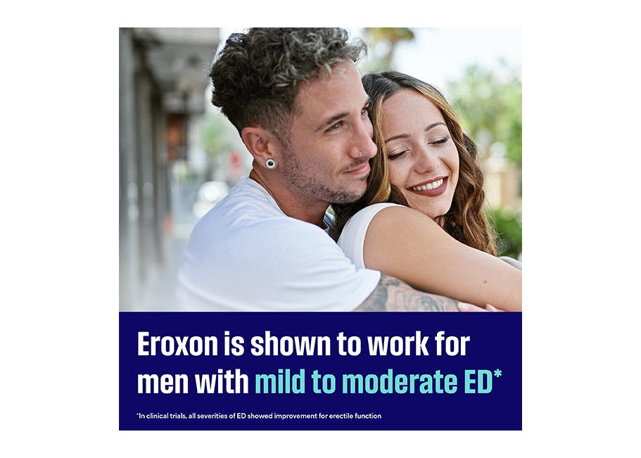 A man with curly hair smiles while hugging a woman from behind, alongside text reading ‘Eroxon is shown to work for men with mild to moderate ED*.’” . (*In clinical trials, all severities of ED demonstrated improvement for erectile function.)