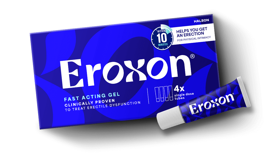 Packaging for 'Eroxon' fast-acting gel, displayed with box and tube against a blue background.