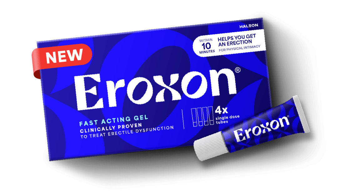 Packaging for 'Eroxon' fast-acting gel, displayed with box and tube against a blue background.