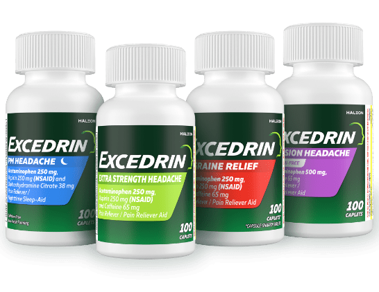 Excedrin PM Headache, Extra Strength, Migraine, and Tension Headache packages.