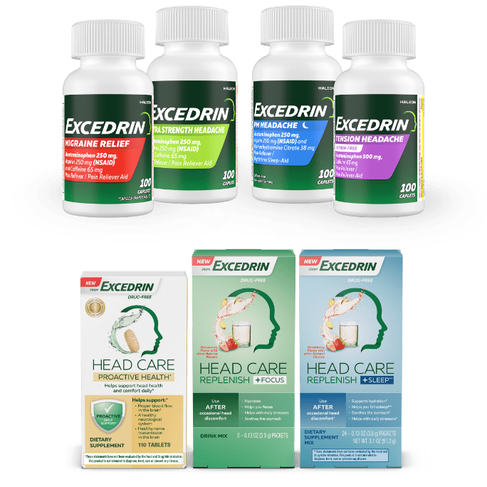 Excedrin PM Headache, Extra Strength, Migraine, and Tension Headache packages.