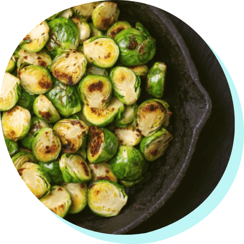 cast iron skillet with roasted brussel sprouts